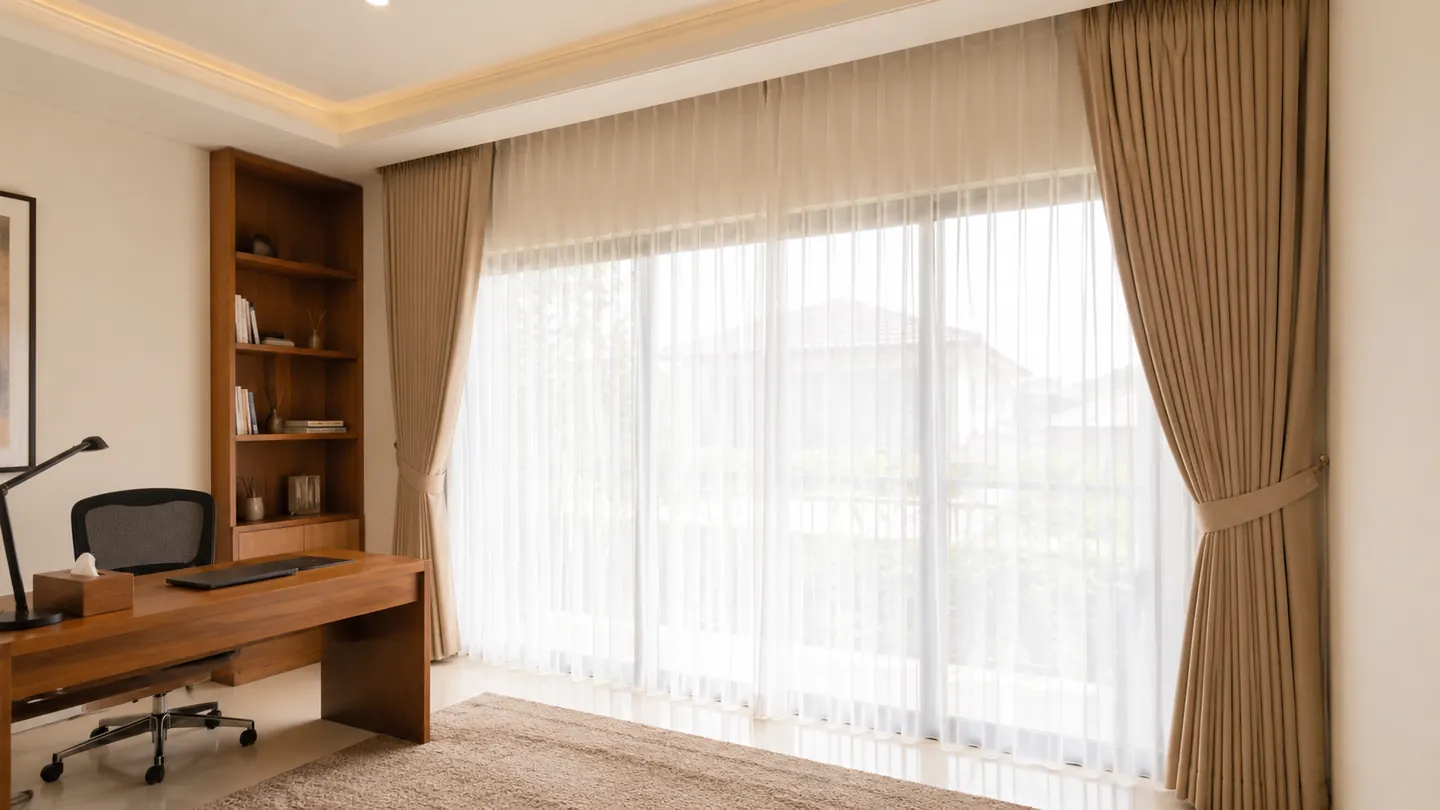 Gorden beige dan vitrase putih pada jendela lebar di ruang kerja