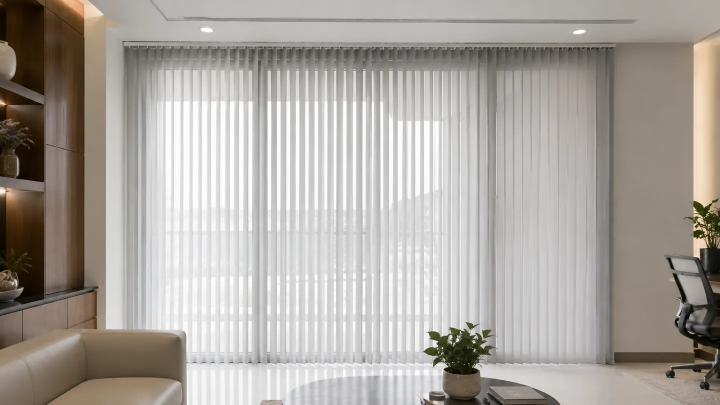 Vertical blind putih pada bukaan kaca lebar di ruang santai